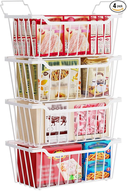 SUNALLY Freezer Organizer Bins, 4 Pack Stackable Pantry Storage Bins, White | Chest Freezer Organizer for 5-7 Cu.FT Deep Freezer to Sort Frozen Meats & Food, Wire Baskets for Pantry Organizers & Storage by SUNALLY