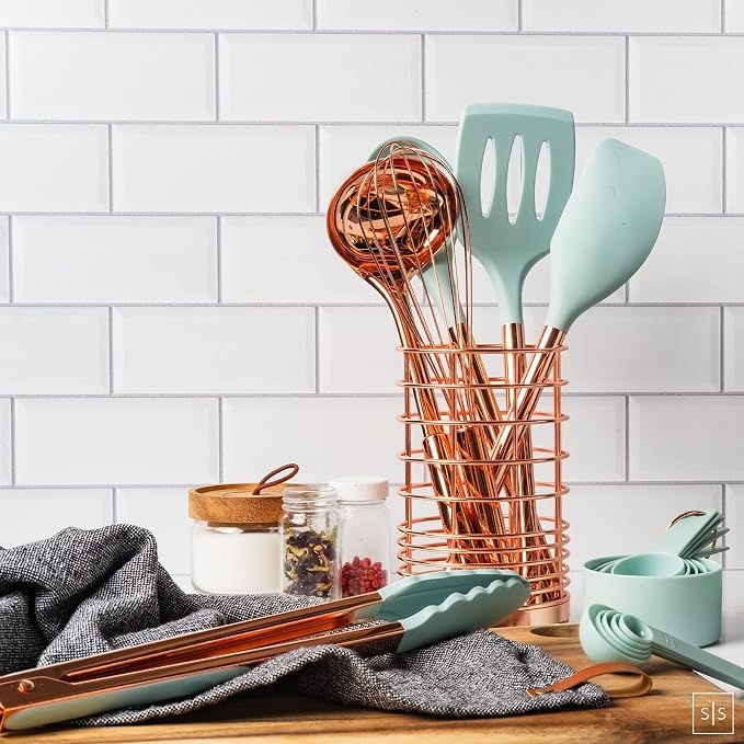 Styled Settings Copper and Teal Blue Kitchen Utensils, 17-Piece | Utensils Set with Copper Utensil Holder and Measuring Cups and Spoons for Stylish Cooking and Baking - Image 5