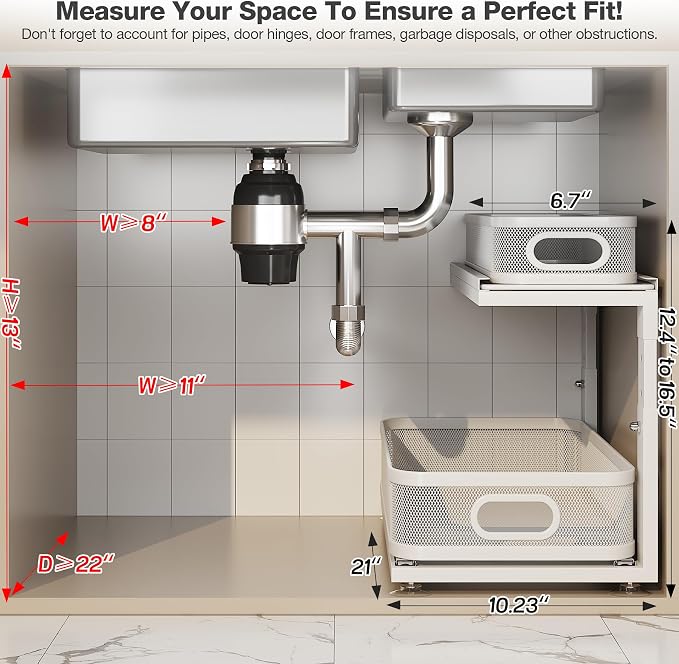 2 Pack 21IN-Depth Under Sink Organizer With Next-Gen Ball-Bearing Slides,2-Tier Precision Mesh Pull Out Cabinet Storage for Bathroom&Kitchen,Height Adjustable Drawers Shelf,Anti-rust-White - Image 2