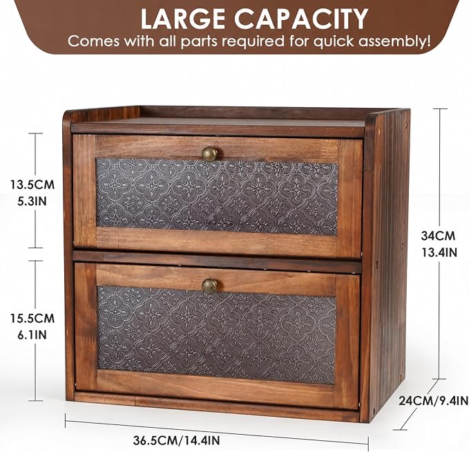Sunhoo Bread Box for Kitchen Countertop, Large Pine Wood Breadbox, Brown | Farmhouse Pantry Container, Double Layer Storage, Fresh Homemade Sourdough Bin, Vintage Textured Acrylic Door, Easy Assembly - Image 3