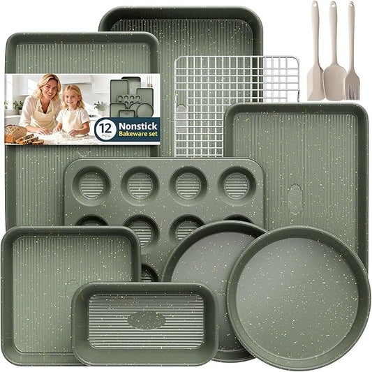 12-Piece Nonstick Baking Set, Non-Toxic Bakeware Set - Ceramic Coated Green | With Baking Sheet, Cake Pan, Square Pan, Loaf Pan, Roasting Pan, Muffin Pan, Cookie Sheet, Cooling Rack & Kitchen Utensilss by SlowSLog
