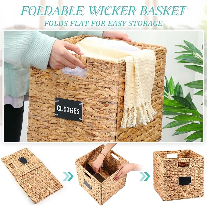 Jinei 12 Pcs Wicker Storage Basket Bulk, 12 x 12 Inch Handwoven Water Hyacinth Folding Cube Bin with Handles Labels for Shelves Pantry Laundry Organization - Image 3