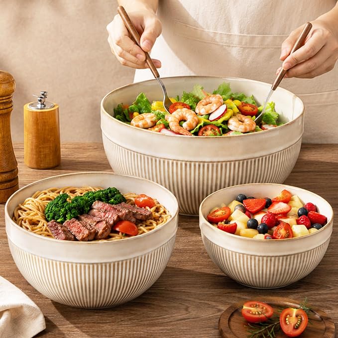GBhome Ceramic Mixing Bowls Set of 3, Stoneware Nesting Serving Bowls | 45/90/150 oz For Prep, Baking, Serving, Gift, Microwave and Dishwasher Safe, Ribbed Dishware Collection,Cappuccino - Image 6