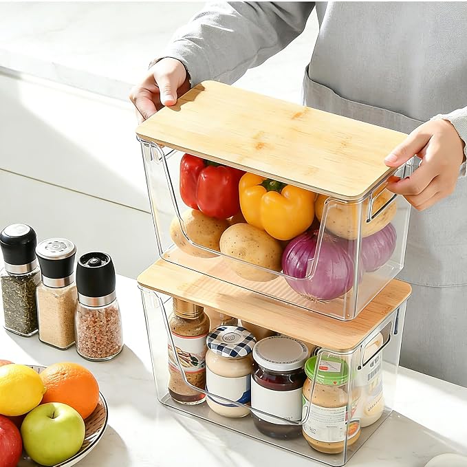 4 Set Potato And Onion Storage Bins with Bamboo Lid, Clear - Image 5