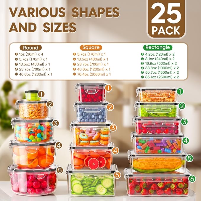 KEMETHY 50 PCS Food Storage Containers with Airtight Lids, BPA-Free | Meal prep / Dishwasher safe / Microwave safe / Assorted sizes / Stackable / Labels / Leakproof - Image 2