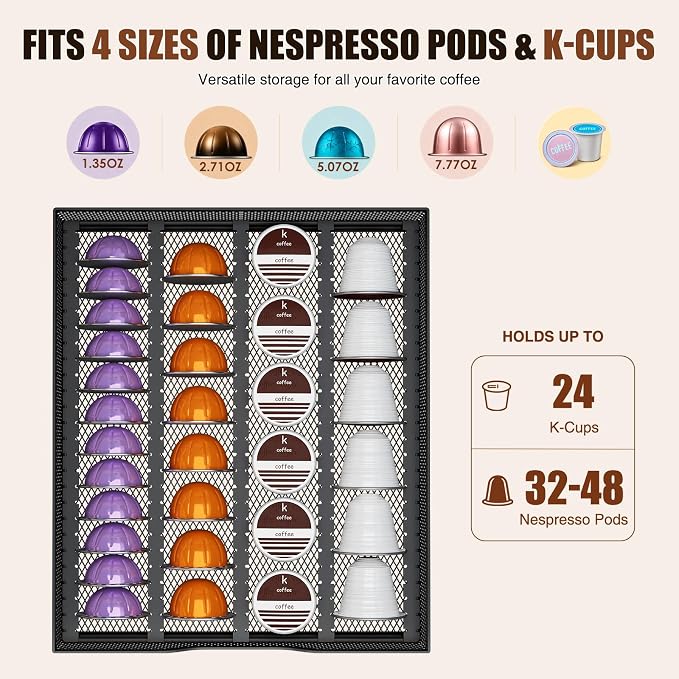 Coffee Station Organizer Compatible with Nespresso Vertuo Pods, Holds 48 Small or 32 Large Pods, 3-Tier Coffee Bar Organizer with K-Cup Holder, Coffee Pod Drawer & Syrup Cups Rack for Accessories - Image 3