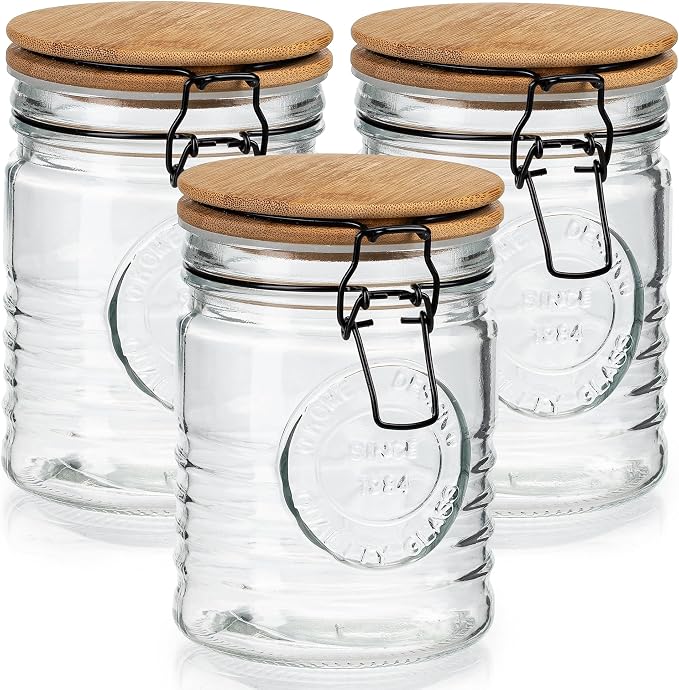 Glass Storage Jars with Airtight Lids - Set of 3 Mason Storage Containers for Cereal, Coffee & Rice - 23 Ounce Pantry Organizing Canister Set by KITCHENTOOLZ