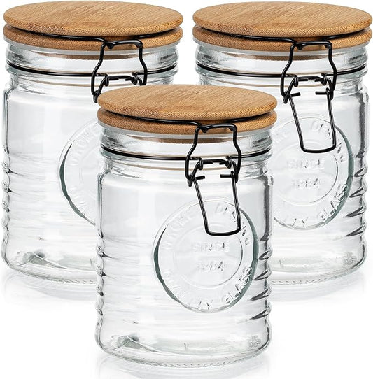 Glass Storage Jars with Airtight Lids - Set of 3 Mason Storage Containers for Cereal, Coffee & Rice - 23 Ounce Pantry Organizing Canister Set by KITCHENTOOLZ