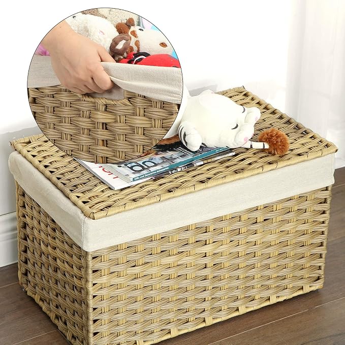 SONGMICS Storage Basket with Lid, Woven Blanket Storage Bin with Handles, Foldable, Removable Liner, Metal Frame, for Bedroom, Laundry Room, 17.2 Gallons (65 L), Natural URST56NL - Image 8