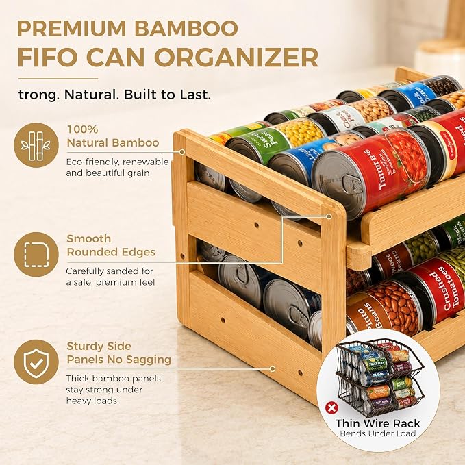MinBoo Bamboo FIFO Can Organizer for Pantry, 24-Can Gravity Dispenser with Adjustable Dividers, Freestanding Wood Canned Food Storage Rack for Soup, Soda and Pet Food, 15.5" W x 11.6" D x 9.4" H - Image 5