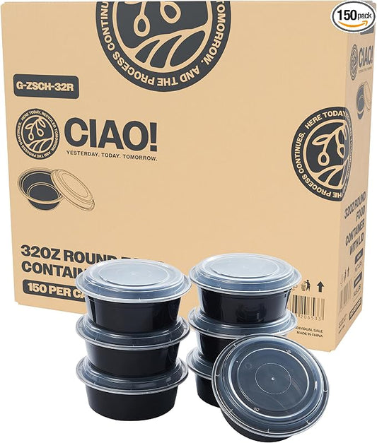 CIAO! Heavy Weight 32oz Injection Molded Microwavable Black Round Food Container with Lid (150/case) by Ciao