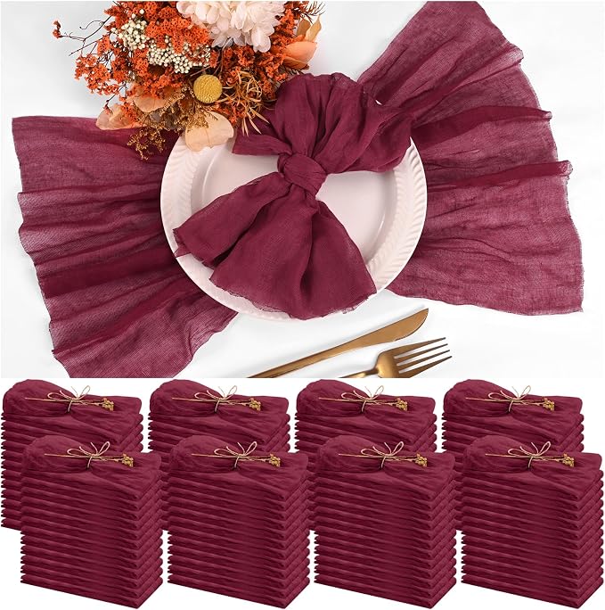 100 Pieces Cloth Napkins Burgundy Dinner Cheesecloth Napkins for Wedding,Wrinkled Cloth Napkins Bulk for Home Party Rustic Table Decoration, 17 x 17 Inch by Teruntrue