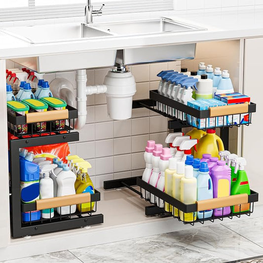 ADBIU Under Sink Organizer 2 Packs 2 Tier Expandable Height Under-Sink Organizers Slide Out Pull Out Organizer Shelf, Black by ADBIU