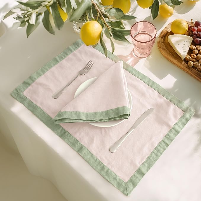 Linen World 100% French Linen Placemats Set of 4,21 x 15 Inch Double Layer Table Mats,Washable Heavyweight Placemats for Holiday Dining Kitchen Decor,Blush Pink with Sage Green Contrast Border - Image 6