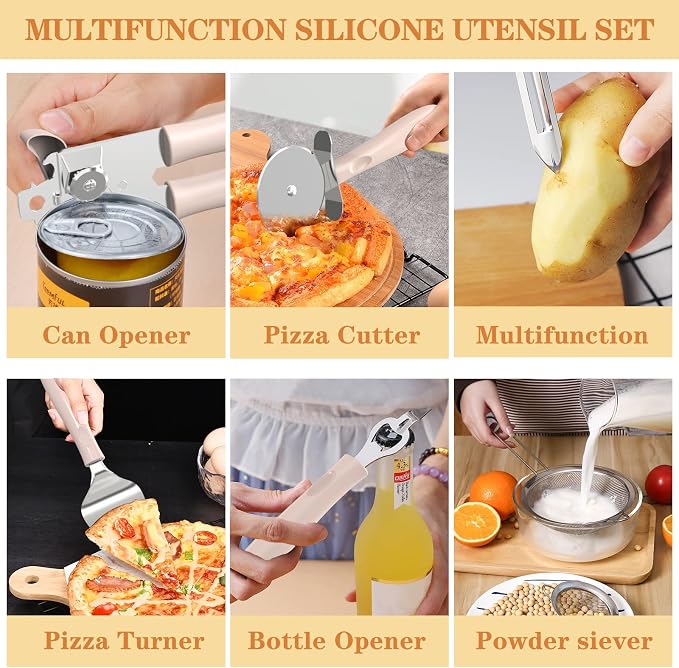 Silicone Cooking Utensil Set, Umite Chef 43 PCS Heat Resistant Kitchen Utensil Gadgets Set-Stainless Steel Handle- Kitchen Spatula Tools for Nonstick Cookware, Pots and Pans Accessories (Khaki) - Image 4