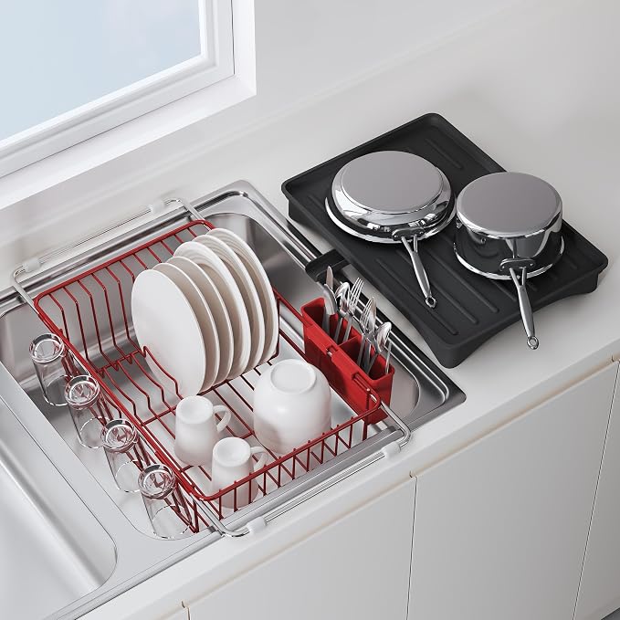 JASIWAY Red Dish Drying Rack in Sink with Drainboard and Utensil Holder | Use Over the Sink or Counter, Stainless Steel Expandable Dish Drainer for Small Kitchen, Space Saving, Fast Drain, Rustproof by JASIWAY