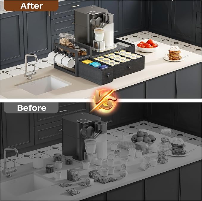 Homeiju Coffee Pod Drawers - K Cup Organizer, Nespresso Pods Holder with Mug Rack, Coffee Holder for Countertop, 52 Capacity Pods, Suitable for Kitchens, Offices and Coffee Bars(Black) - Image 9