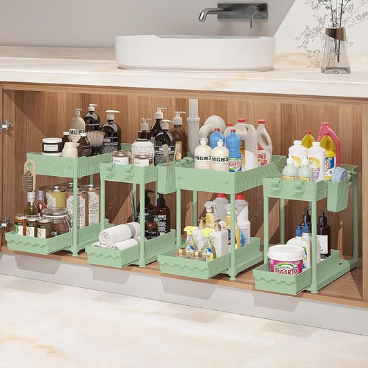 4-Pack 2-Tier Under Sink Organizer with Pull Out Drawers | Multi-use kitchen & bathroom storage. Includes hanging hooks and cups. Green, space-saving cabinet design. 12.8 Inch by Sevenblue