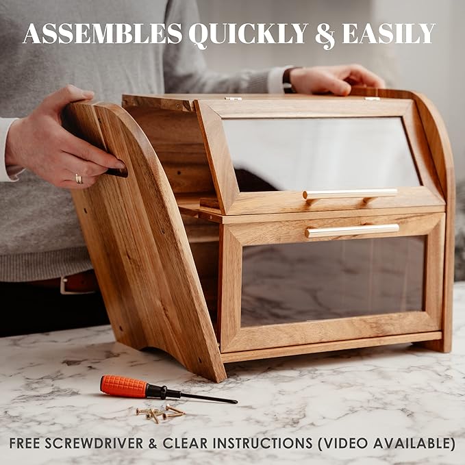 Arise Acacia Wooden Bread Box for Kitchen Countertop, Extra Large 2-Shelf | Bread Storage Container with Clear Windows & Air Vents, Bread Bin & Keeper, Keeps Bagels, Rolls & Buns Fresh, Self Assembly - Image 6