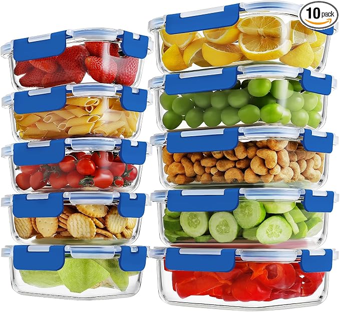 HOMBERKING 10-Pack Glass Meal Prep Containers, 36 oz/14 oz, Locking Lid Set | Borosilicate Glass Food Storage Containers Set, Airtight Lunch Bento Boxes, BPA-Free, Dishwasher Freezer, Oven Safe-Deep Blue by HOMBERKING