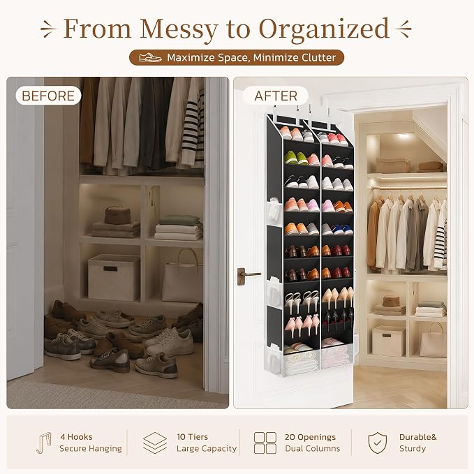 Over the Door Shoe Organizer, 20-30 Pairs Heavy-Duty Hanging Shoe Storage with Large Pockets, 10-Tier Door Shoe Rack with 4 Hooks for Sneakers Sandals Heels Boots (Black) - Image 2