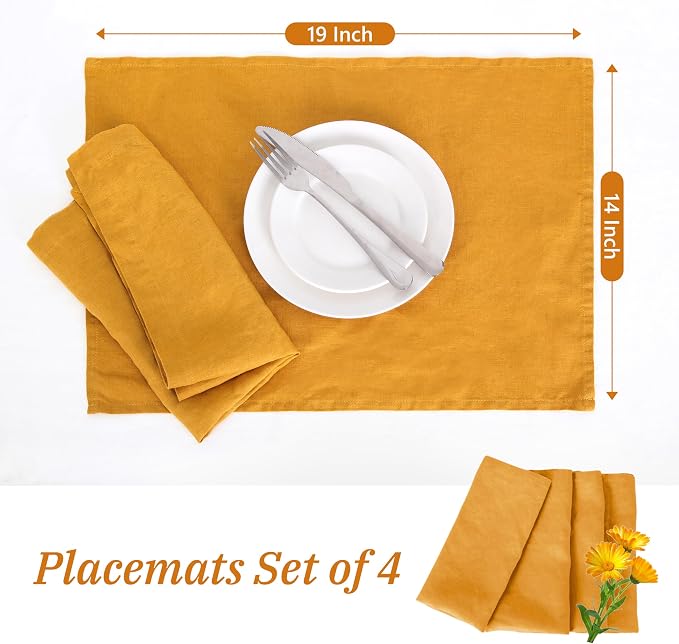 Linen Placemats 14x19Inch Set of 4,100% Linen Placemats Natural Rustic Tablemats for Easter,Mother's Day,Summer,Handcrafted from European Flax(Yellow) - Image 5