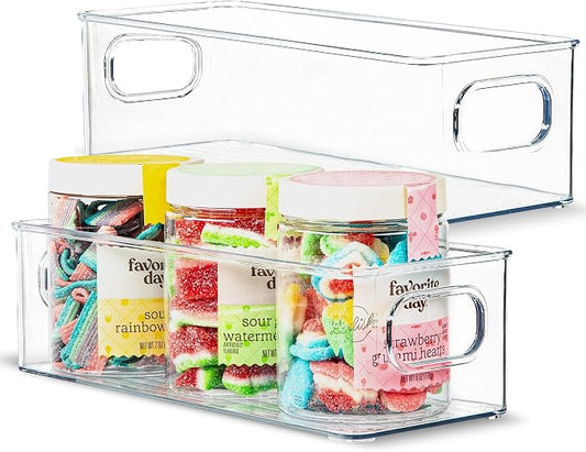 Plastic Food Storage Clear Container 2 Pack Bin with Handles for Organizing Kitchen, Pantry, Refrigerator, Freezer, Pantry, Cabinet, Closet, Bathroom. Stackable 10”x4”x3” by primebox