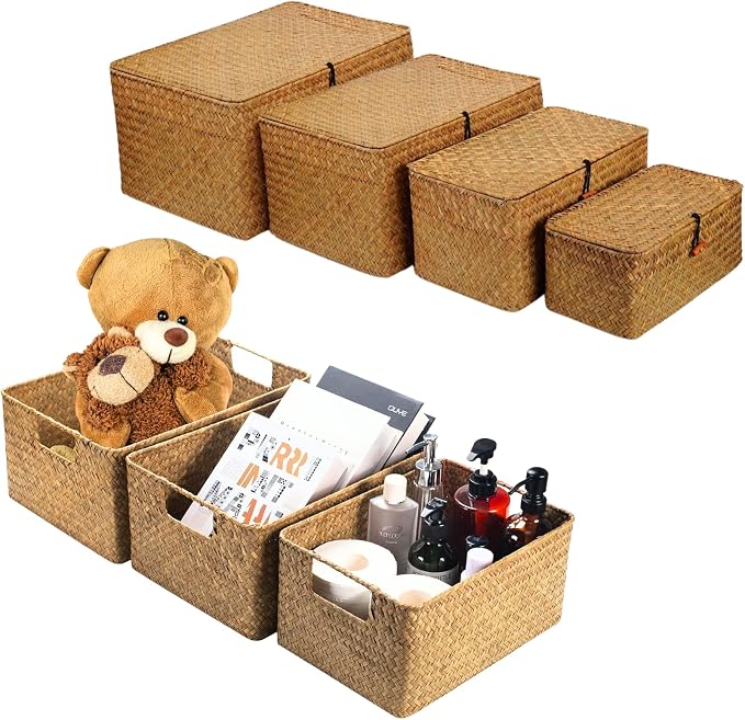 YANGQIHOME Woven Seagrass & Iron Wire Storage Baskets Set of 3 with Lids 4 Pack - Brown by YANGQIHOME