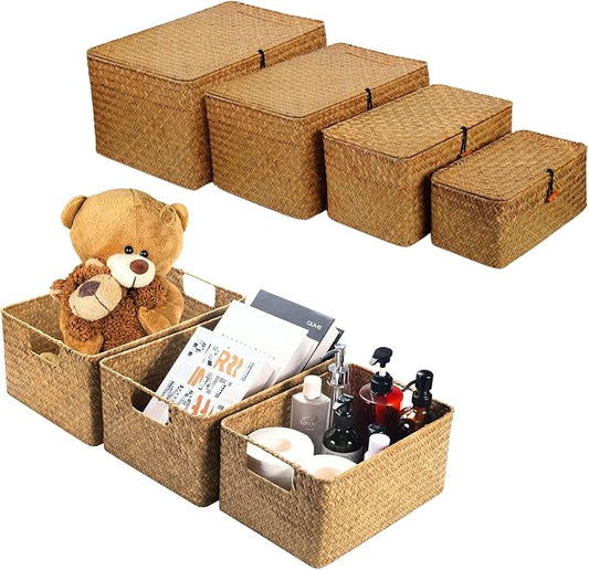 YANGQIHOME Woven Seagrass & Iron Wire Storage Baskets Set of 3 with Lids 4 Pack - Brown by YANGQIHOME