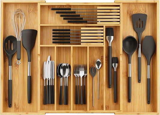BAMEOS Bamboo Drawer Organizer Expandable Kitchen Silverware Organizer with 7-9 Deep Compartments, Bamboo Reinforced Cutlery Tray, Adjustable Utensil Holder for Kitchen(16.1"-22.4" Wide, Natural) by BAMEOS
