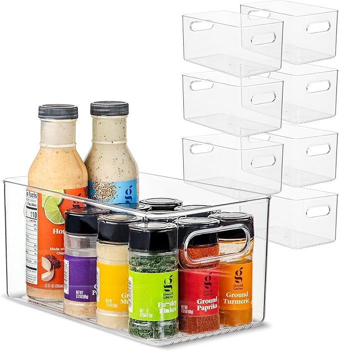 Plastic Food Storage 8 Pack Clear Container Bin with Handles for Organizing Kitchen, Pantry, Fridge, Freezer, Pantry,Bathroom. 10"x6"x5" by primebox