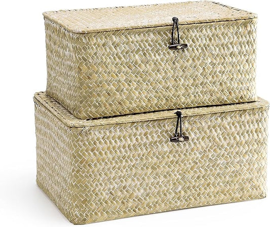 Nonam Storage Basket with Lid, Natural Seagrass Bin with Lid Set of 2, Shelf Baskets Multipurpose Container for Boho Decoration, Rectangular Household Storage Boxes for Home Organization-White by Unknown