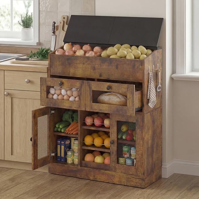 Wooden Potato and Onion Storage Bin with Lid, Potato Bin with 2 Mesh Drawers, 5-Tier Fruit & Vegetable Cabinet with Mesh Doors, Rustic Kitchen Organizer with Adjustable Shelves for Pantry (31.9") by Oakvera