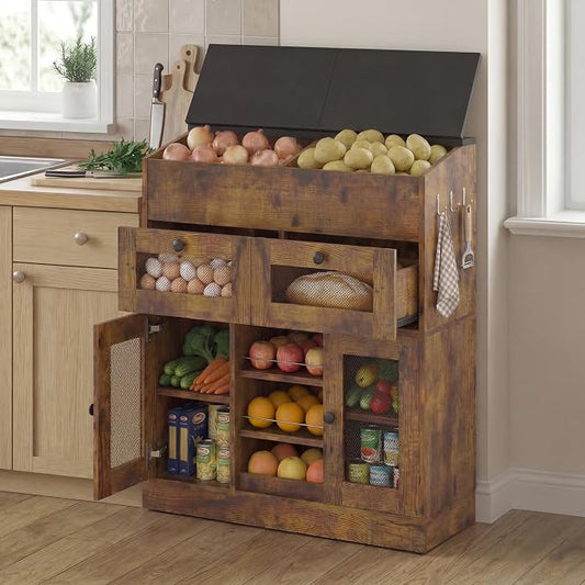 Wooden Potato and Onion Storage Bin with Lid, Potato Bin with 2 Mesh Drawers, 5-Tier Fruit & Vegetable Cabinet with Mesh Doors, Rustic Kitchen Organizer with Adjustable Shelves for Pantry (31.9") by Oakvera