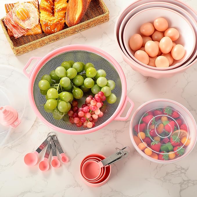 4 Pcs Mixing Bowls with Lids Plastic Nesting Bowls Set with Stainless Steel Colander 8 Pcs Measuring Cups and Spoons Set and Foldable Kitchen Funnel for Kitchen Cooking Accessories (Pink) - Image 6