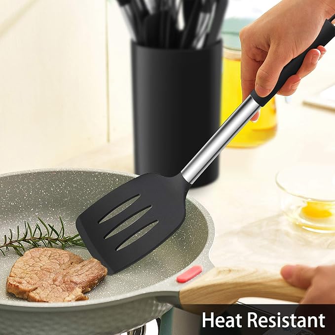 LIANYU 15-Piece Kitchen Cooking Utensils Set with Holder | Silicone Kitchen Tools Stainless Steel Handle, Slotted Spatula Spoon Turner Tong Whisk Brush for Cooking, Black - Image 5