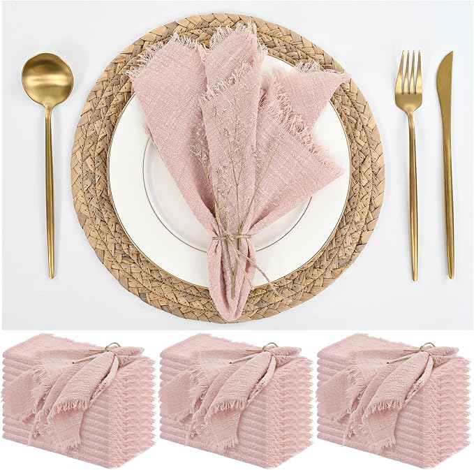 36 Pack Pink Cloth Napkins Cotton Linen Napkin 16 x 16 Inch Pink Napkins Cloth Handmade with Fringe Soft Washable Rustic Dinner Napkin Cloths for Wedding Party Dinner Table by ABKLESACH