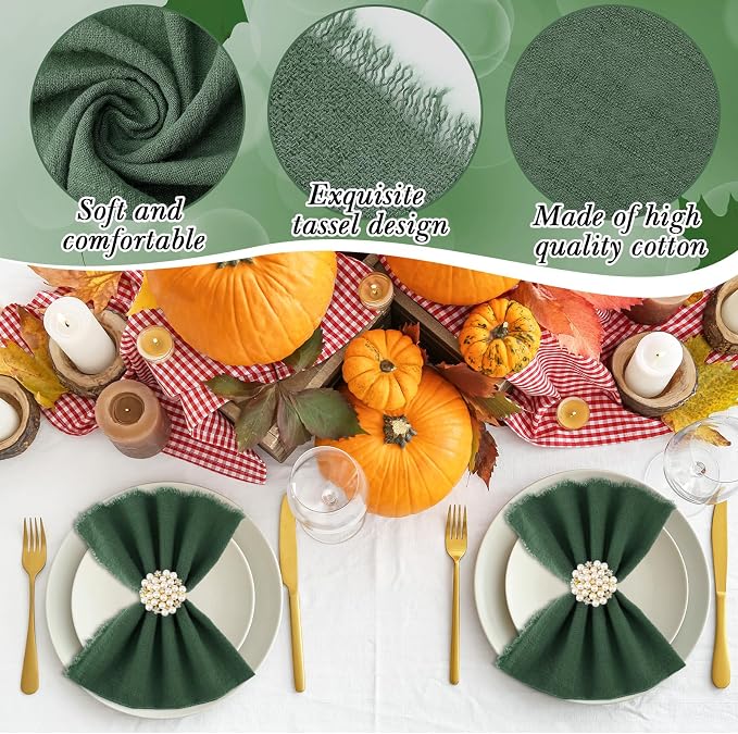 48 Pcs Cotton Linen Cloth Napkins with Fringe 16.5 x 16.5 Inch Square Rustic Dinner Linen Napkins Bulk for Wedding Party Banquet Dinner(Green) - Image 4