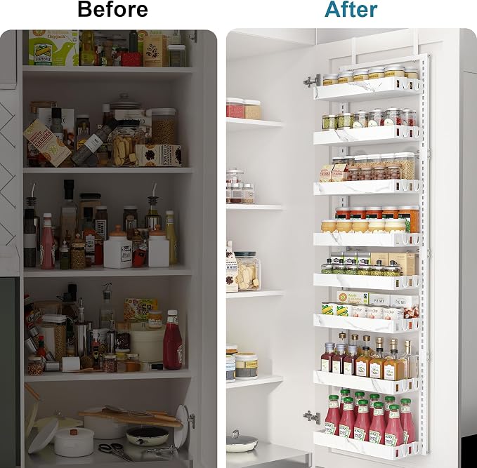 BUKFEN Over the Door Pantry Organizer, 2-IN-1 Door & Wall Mount Spice Rack | 8-Tier Adjustable Basket, 16 Hooks, Heavy-Duty Metal Over Door Spice Shelf Organization Storage for Kitchen, Bathroom, Closet - Image 3