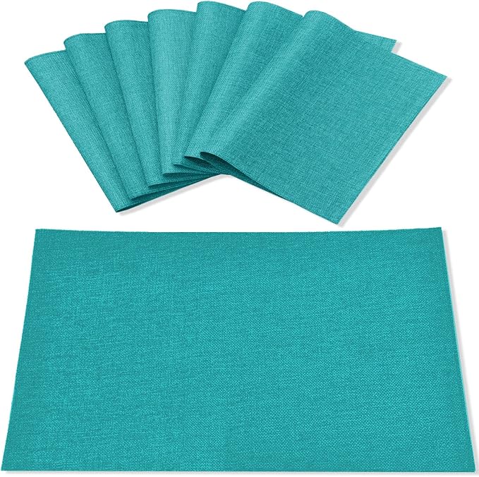 Cloth Placemats Set of 8, Linen Type Fabric Placemats Machine Washable Heat Resistant Placemats Wrinkle Free Thick Polyester Kitchen Place Mats for Dining Table (Teal Blue) by Rinpon