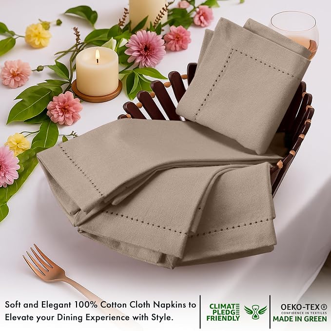 Ruvanti Cloth Napkins Set of 12, 100% Cotton High GSM 18x18 Inches, Hem Stitched Corners, Soft, Washable, Highly Durable & Absorbent, Perfect for Parties, Christmas, Thanksgiving Dinners – Light Taupe - Image 4