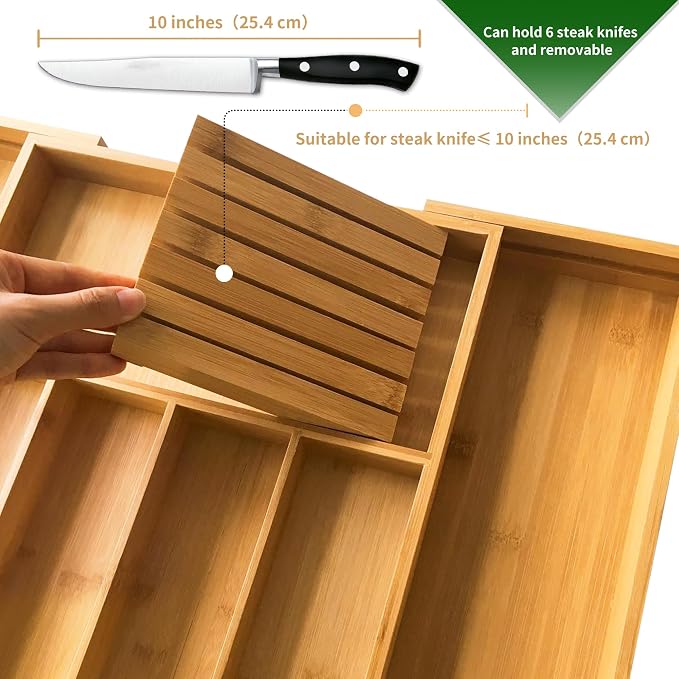 VaeFae Bamboo Silverware Drawer Organizer, 7 Slots, Natural | Expandable Cutlery and Utensil Holder for Silverware, Removable Knife Dividers, 43 cm D x 32-55 cm W, 5-7 Slots, Natural - Image 2