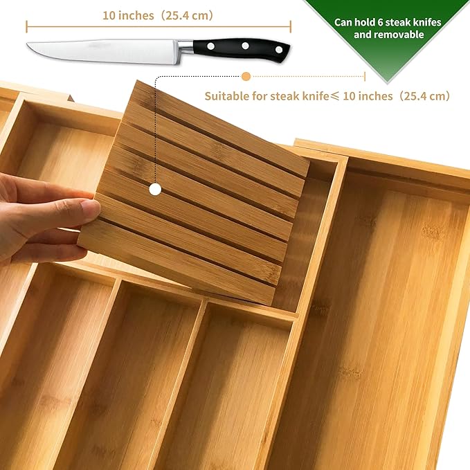 VaeFae Bamboo Silverware Drawer Organizer and Bamboo Knife Drawer Organizer Insert Bundle - Image 2
