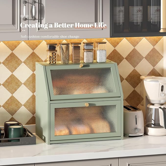 STDDRE Bread Box for Kitchen Countertop Bin Double Layer Bread Box Storage Container Extra Large Capacity Farmhouse with Diamond Pattern Windows (Green, Extra Large) - Image 4
