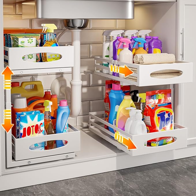 Under Sink Organizer, 2 Tier Under Sink Organizers and Storage, Adjustable Height, Slide out Metal Cabinet Organizers, Pull out Cabinet Storage Drawer Shelf for Kitchen Bathroom (White, 2 Pack) by MIXESHOP