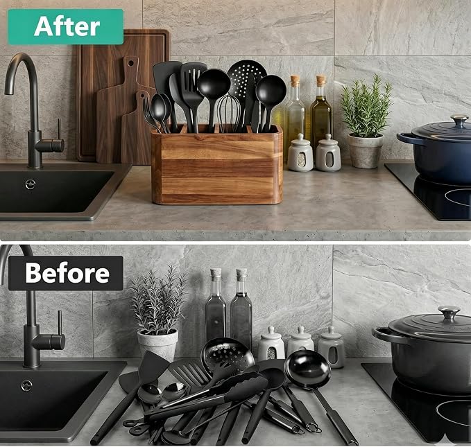 Kitchen Utensil Holder for Counter or Countertop, Extra Large Acacia Wood Organizer with 4 Compartments, Wooden Utensil Holder for Cooking and Silverware, Rustic Wood Container Sturdy Utensil Crock - Image 8