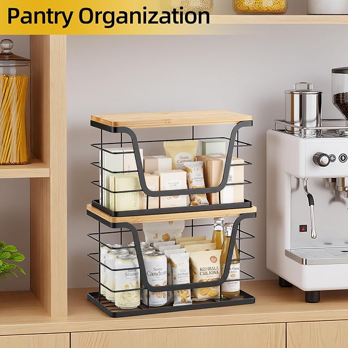 ALOCEO 2 Pack Storage Stackable Kitchen Laundry Organizers with Bamboo Top, Large Trash Bag Holder and Small Garbage Bag Dispenser for Countertop Organization - Image 6