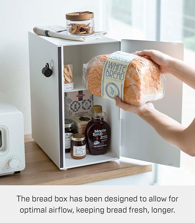 YAMAZAKI Home Tosca Bread Box Keeper Holder Container, Metal Bread Holder Saver, Slim Space Saving Counter Storage - Vertical - Steel + Wood - Image 4