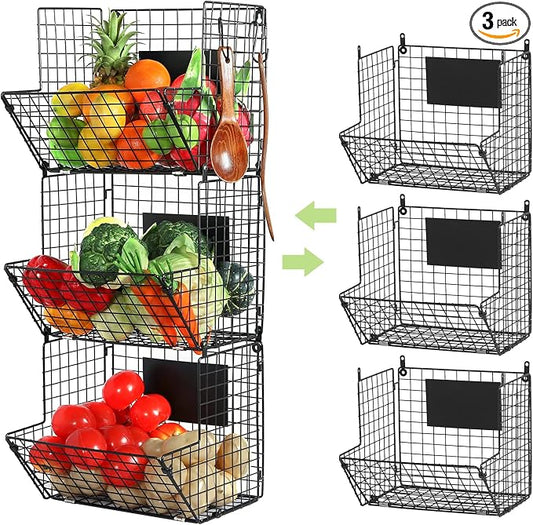 X-cosrack Metal Wire Basket Wall Mount, 3 Tier Wall Storage Basket Organizer with Hanging Hooks Chalkboards, Rustic Kitchen Fruit Produce Bin Rack Bathroom Tower Baskets (Black) by X-cosrack