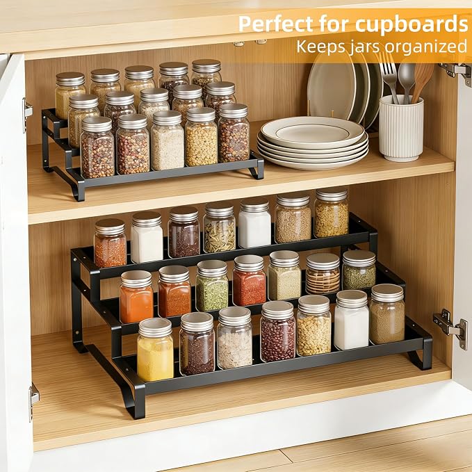 2 Pack Spice Rack Organizer for Cabinet, 13-21.5" Expandable Spicy Shelf | 9.45" Depth 3-Tier Black Metal Seasoning Organizer, Kitchen Spice Organization, Slip-Resistant Guardrails for Jars and Cans - Image 3